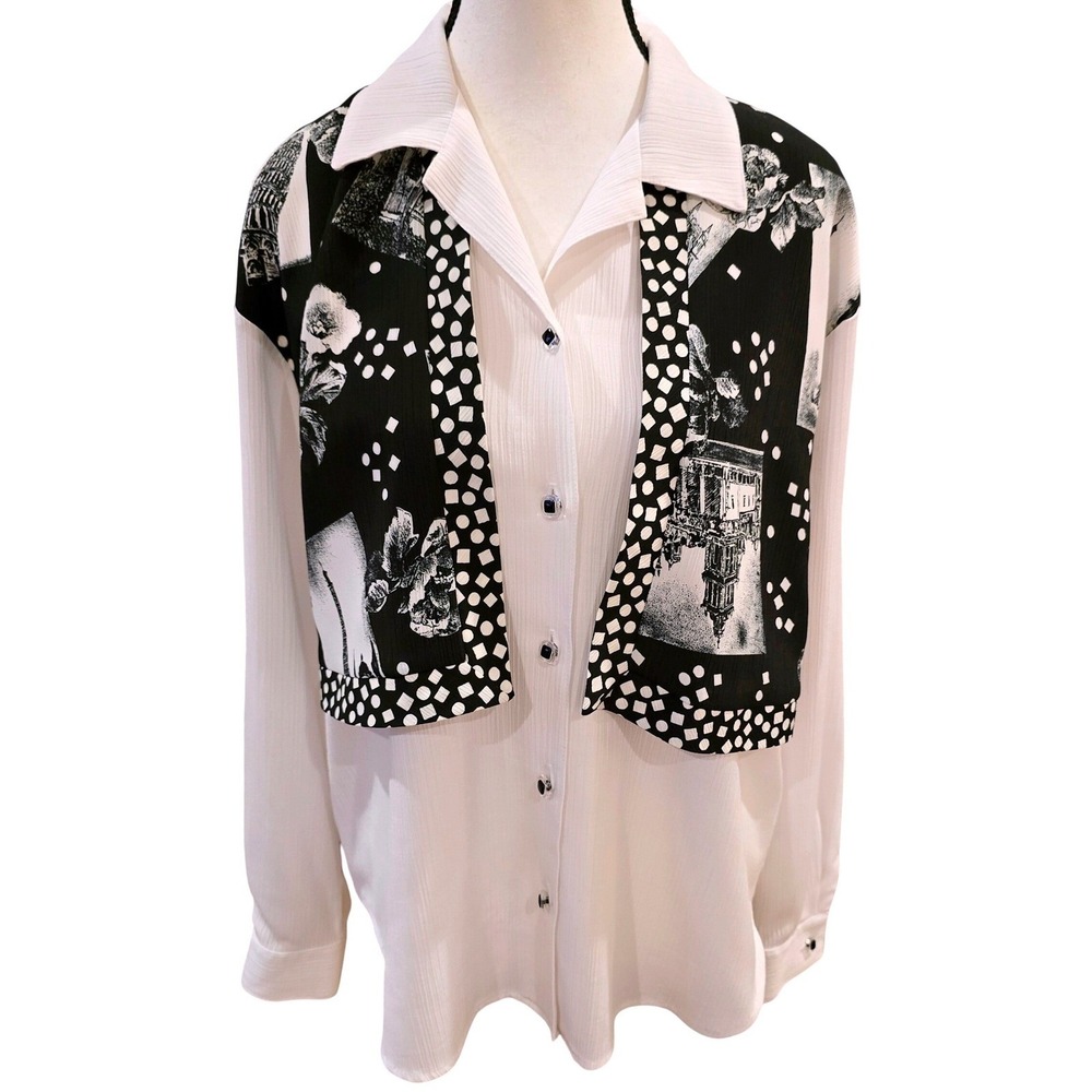 Vintage 90s G.W. Division‎ Of Grace Novelty Print Crinkle Blouse Artsy Large